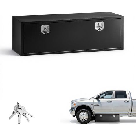 Boîte à outils camion rangement sous châssis acier noir avec serrure pour benne camionnette remorque (1/5)