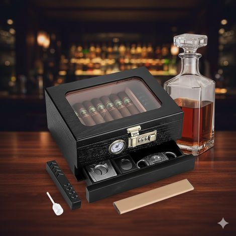Nouvelle boîte à cigares en bois massif avec couvercle transparent, coffret de rangement pour cigares, cave à cigares, étui à cigares en bois (1/2)