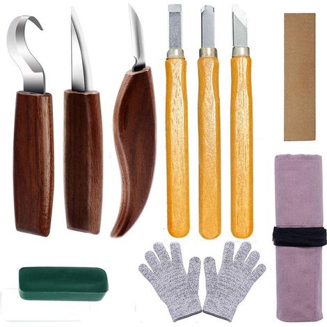 10 in 1 Wood Carving Tools, Wood Carving Kit, Hook Knife, Wood Carving Knife, Blunt Knife and 3 Carving Knives for Beginners with Bag, Cut-Resistant Gloves and Sharpener (1/5)