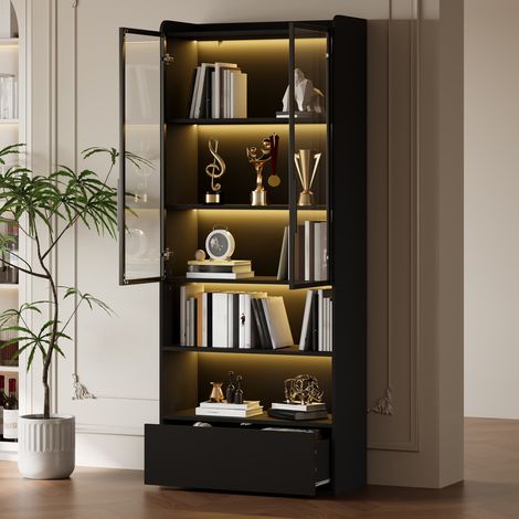 Vitrine 80 x 34 x 180 cm, meuble haut avec 1 tiroir et portes vitrées, éclairage LED et compartiment ouvert – armoire de rangement pour salon (1/5)