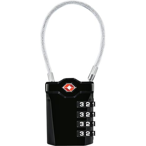 Cadenas de voyage TSA avec câble flexible de 14 cm, 4 chiffres, noir