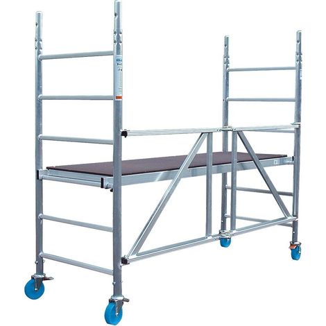 Wera – Échafaudage aluminium pliant mobile – Hauteur de travail max 11,80 m – Plate-forme antidérapante – 4 roulettes freinées pour chantiers
