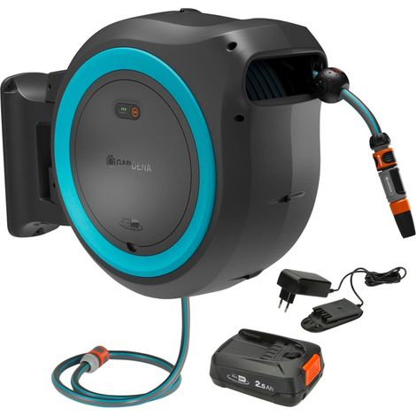 GARDENA Portamangueras PowerRoll XXL a batería 18V POWER FOR ALL, 40 m de manguera, línea azul, anti heladas y rayos UV, recogida de manguera automático, batería y cargador incluidos (18645-20)