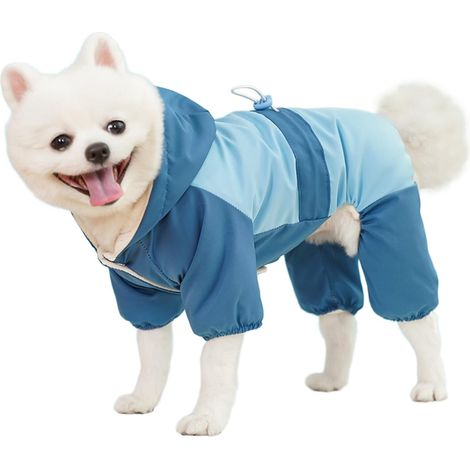Imperméable pour Chien Combinaison de Pluie Ajustable avec Capuche et Anneau de Laisse Vêtement Chaud et Coupe-Vent pour Chiens de Petite et Moyenne Taille Bleu L (1/5)