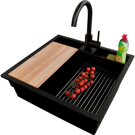PRIMAGRAN Evier Sous Plan 56x54cm,Evier en Granit 1 bac + Robinet 32x20cm + Kit de Vidage + Accessoires, Évier au meuble 60cm - Bergen Pocket, Noir