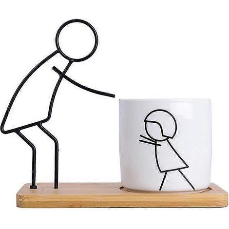 Pot de fleurs en céramique de style nordique pour plantes succulentes, avec soucoupe, motif abstrait en fer forgé sur le thème parent-enfant - Style papa