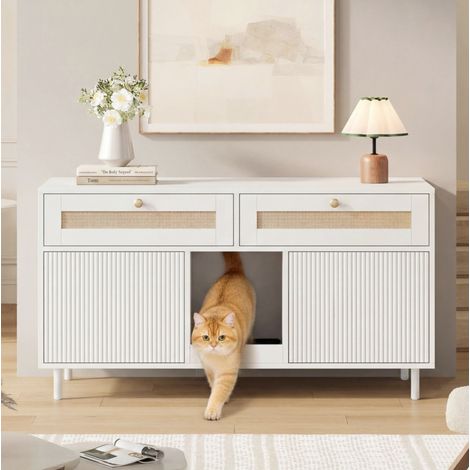 Meuble litière pour chat avec tapis anti-projection, 120 x 50 x 65 cm, blanc DESVIAE (1/5)