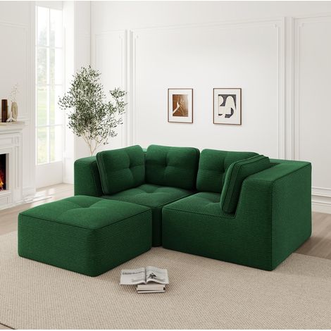 Canapé d’angle modulable 2 places en velours côtelé vert, L, sans montage, OKWISH (1/5)