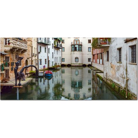 Lupia - Quadro moderno su Tela Canvas DEEP 65X143 cm, con paesaggi e localismi italiani, per casa, soggiorno, capezzale camera da letto, hotel, ufficio, TREVISO - SCORCIO CANALE BURANELLI (1/4)