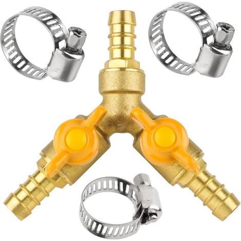 Raccord Tuyau 3 Voies Laiton avec Robinet et 3 Colliers pour Air Eau Gaz (Ø Intérieur 10-11 mm) (1/4)