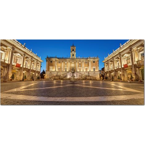 Lupia - Quadro moderno su Tela Canvas DEEP 65X143 cm, con paesaggi e localismi italiani, per casa, soggiorno, capezzale camera da letto, hotel, ufficio, ROMA - PIAZZA DEL CAMPIDOGLIO SERA (1/4)