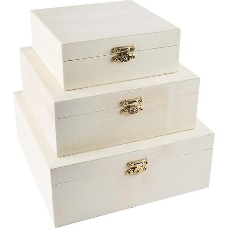 Lot de 3 boîtes en bois - Petit - Idéal pour le rangement - Avec fermoir en métal - 3 tailles différentes: 20 x 20 x 8 cm, 17 x 17 x 6,5 cm et 13,8 x 13,8 x 5,2 cm - Pour bricoler (1/5)
