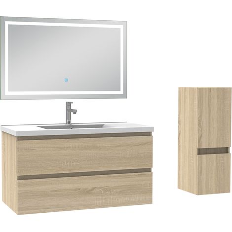 Ensemble meuble de salle de bain 100cm, vasque céramique + colonne bas + LED miroir mural, chêne
