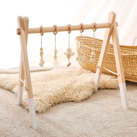 Arche de Jeux en Bois pour bébés Baby Gym Bois Arche de Jeux Table à Langer Baby Activity de Jeux pour bébés Bois Blanc Coton Design Bébé (1/5)
