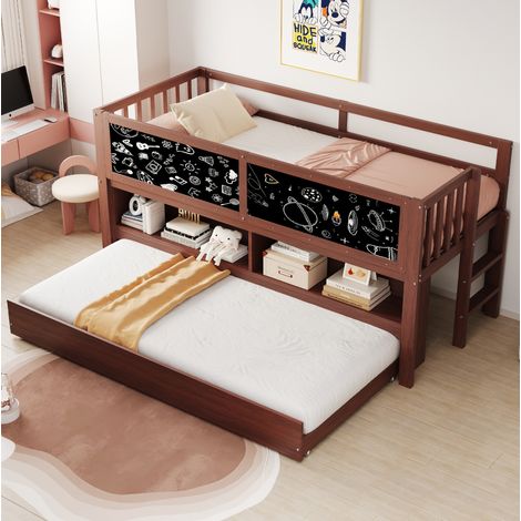 Letto bambini 90x200 cm con letto aggiuntivo 90x190 cm, lavagna, scala, vano portaoggetti aperto e rete a doghe, senza materasso, marrone (1/5)