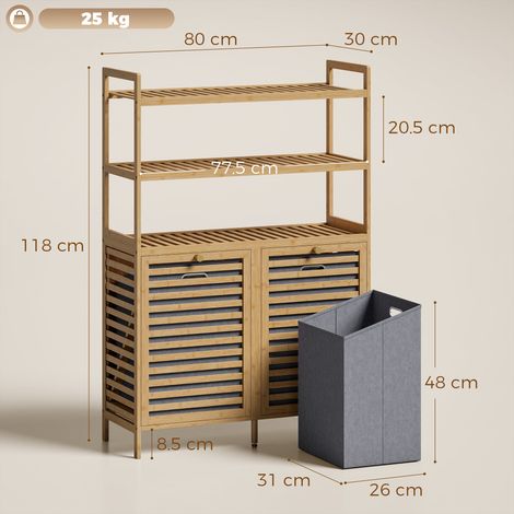 Armoire à linge double inclinable, en bambou, avec 2 paniers et 3 étagères, couleur chêne. (1/5)