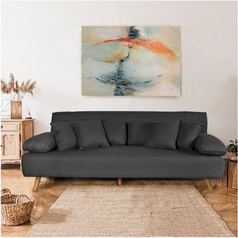 Le Quai Des Affaires – Canapé convertible gris chiné 207x80x79 cm – Couchage 204x120 cm – 6 coussins et 2 portes-magazines inclus (1/5)