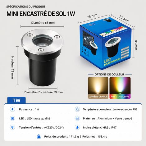 Spot encastrable de sol LED extérieur rond 65 mm 1W blanc froid IP65 étanche réf 2829 10 × 10 × 10 cm 450 g – Livraison gratuite