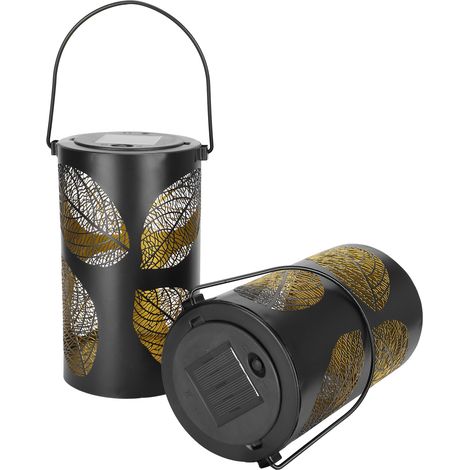 Lampe solaire suspendue LED décorative, blanche chaude, en fer forgé, à feuilles noires, avec support ajouré et à main. (1/5)
