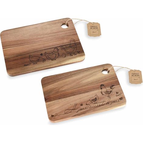 Taglieri aperitivo da cucina in legno d'acacia con intagli gallinelle e tag, set da 4 pezzi, cm 28 x 20 H
