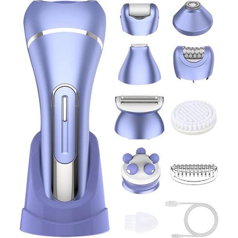 Épilateur pour femmes - Appareil d'épilation 7 en 1 avec tête de massage et brosse de nettoyage - Tondeuse maillot - Étanche IPX7 - Sans fil - Violet (1/5)