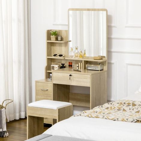HOMCOM Ensemble coiffeuse avec tabouret rembourré, grand miroir + plusieurs étagères ouvertes + 4 tiroirs, couleur bois naturel (1/5)