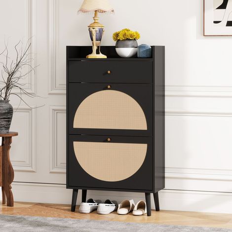 Meuble à chaussures noir en rotin synthétique, 2 portes semi-circulaires interchangeables + 1 tiroir, 2 étagères, 60 cm, sans dos, pour entrée (1/4)