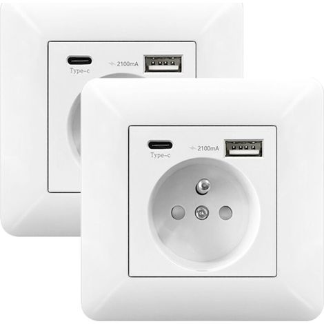 Lot de 2 Multiprise Murale 16A avec USB et Type C – Prise Encastrable pour Téléphone, Smartphone et Tablette (1/4)