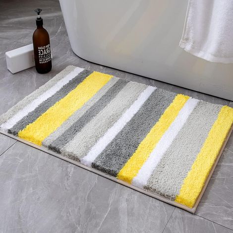 Tapis microfibre 50x80 cm, rayures, jaune et gris, absorbant, antidérapant. (1/5)