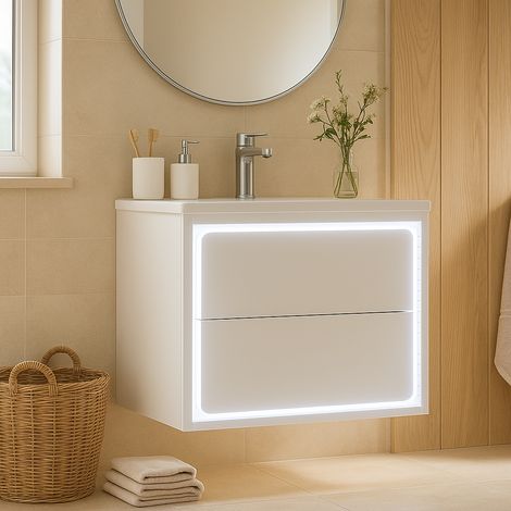 URBAN MEUBLE Meuble vasque blanc laqué suspendu 60x46x50cm, 2 tiroirs silencieux et éclairage LED à capteur radar (robinet non inclus)
