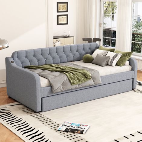 Lit gigogne 90/180x200 cm avec port USB, sommier à lattes, en lin, sans matelas, gris (1/4)