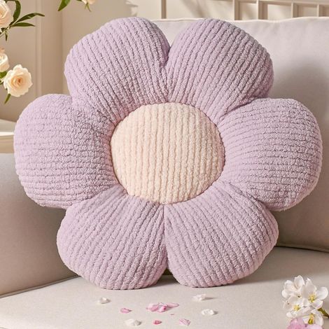 Coussin décoratif à motif floral - 1 pièce - Surface douce et moelleuse - Motif marguerite 3D - Décoration salon/chambre d'enfant - Violet 40 cm (Violet avec centre blanc, six pétales, 40 cm, 0,25 kg) (1/5)