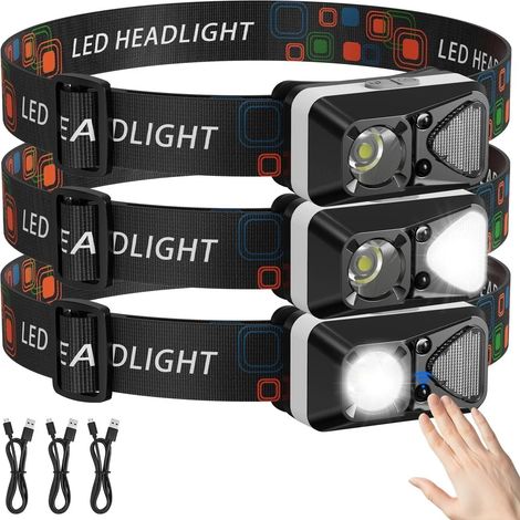 Lot de 3 lampes frontales LED à détecteur de mouvement, rechargeables par USB, lumière blanche, pour la course à pied et le camping. Lampe frontale portative. (1/5)