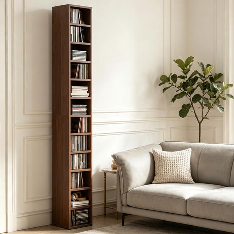 Tour de rangement CD 175 cm - étagère média étroite à 12 niveaux pour jusqu'à 204 CD/DVD - MDF/panneaux de particules - Marron (1/5)