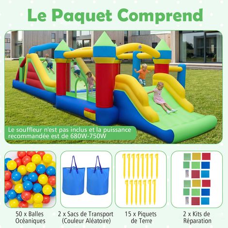 COSTWAY Château Gonflable avec Toboggan & Souffleur, Aire de Jeux Gonflable avec Grande Piscine et Canon à Eau, 60 Balles, Maison de Saut, Intérieur Extérieur, Charge 135kg pour 3-10 Ans