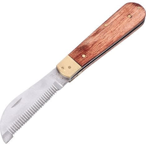 Cuchillo profesional, eficiente y seguro para deslanar caballos, con mango de palisandro para eliminar el pelo viejo. (1/5)