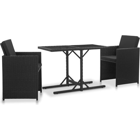 3-tlg. Garten-Essgruppe mit Auflagen Poly Rattan Schwarz