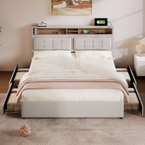 Lit coffre - SINGULARITY - 041920AAB/041920AAG - 140x200 cm - 4 tiroirs - Ports USB-C et prises - Sommier lattes bois - Beige (1/5)