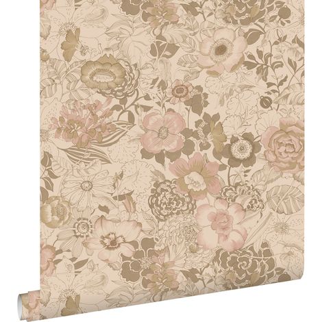 papier peint fleurs vintage marron clair et vieux rose - ESTAhome (1/5)