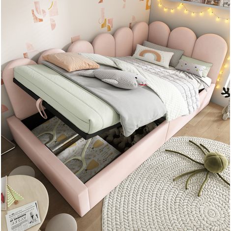 MEUBLIV Lit banquette 90 x 190 cm en velours rose avec rangement hydraulique, cadre en métal, design à grille, pour chambre et chambre d'amis (1/5)