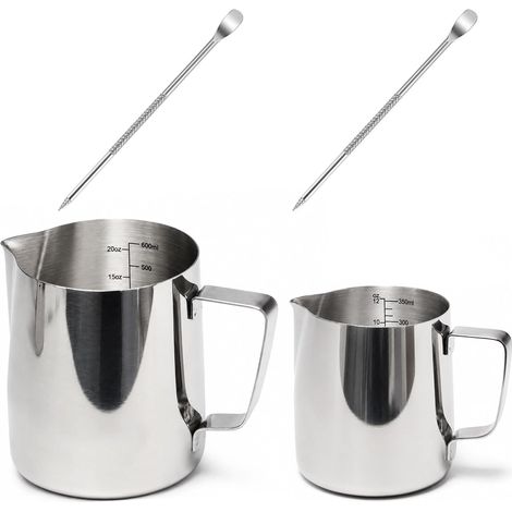 2 Pièces Pot à Lait en Acier Inoxydable Milk Jug Pichet à Mousse  350ml 600ml ,Pichet Lait Inox avec Marque de Mesure, Latte Art Pen,Pichet Inox Milk Pitcher,pour Création Cappuccino Espresso (1/5)