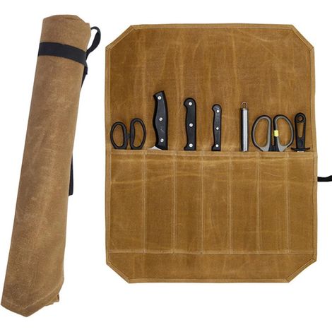 Étui à couteaux enroulable pour couteaux de chef, pochette à 7 compartiments en toile, portable, pour le rangement des couteaux (marron) (1/5)