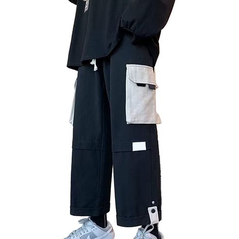 Pantalon Cargo Homme Multi Poches Coupe Large Blocs De Couleur Longueur Cheville Noir Taille 2xl (1/5)