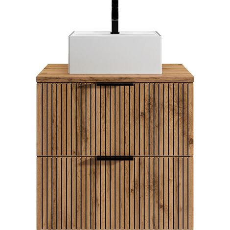 Meuble de salle de bain suspendu strié avec vasque à poser carrée - Naturel clair et noir - 60 cm - MADELA (1/4)