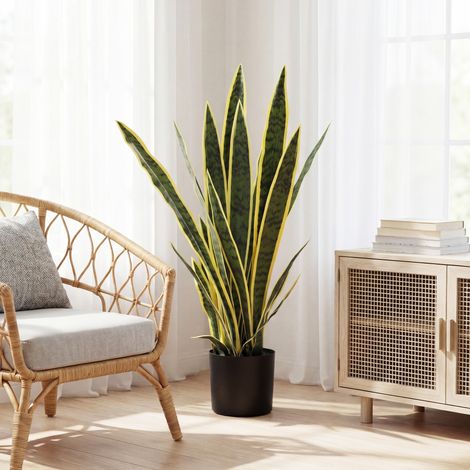 Sansevieria artificielle en pot, fausse plante d'intérieur et d'extérieur avec 21 feuilles modelables, Ø15 x 77 cm