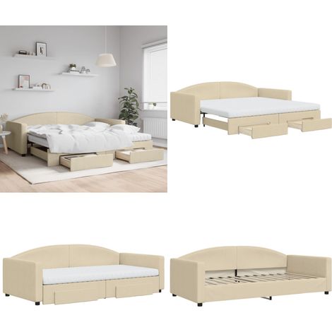 Lit de jour avec gigogne et tiroirs crème 100x200 cm tissu - Canapé Convertible - Lit Gigogne - Meuble Multifonctionnel - Lit Invité - Rangements Intégrés - Home & Living