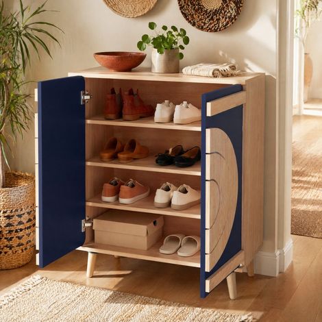 Mobile scarpe con porte geometriche rotonde, 76 x 37 x 98,5 cm, blu e naturale HAVRYA (1/5)