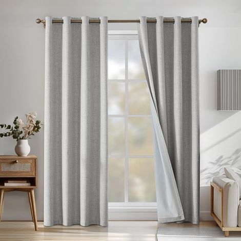100% Blackout Curtain, 117 x 137 cm, Linen Effect Set of 2, Thermal Insulating Curtain, Anti Cold and Heat, Eyelet Curtains, Acoustic Curtains, for Living Room, Bedroom, Grey White (1/5)