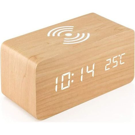 Réveil Numérique, Horloge en bois rechargeable sans fil,Alarm Réveil LED avec TempératureSnooze pour Enfant,Maison,Couleur du bois de bambou