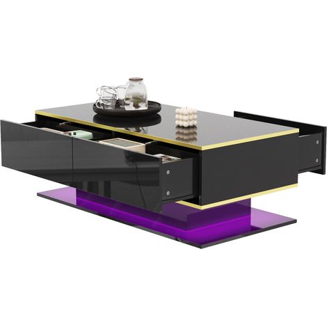 Table basse LED USB 100 cm haute brillance noire, décor doré, 3 tiroirs (1/5)